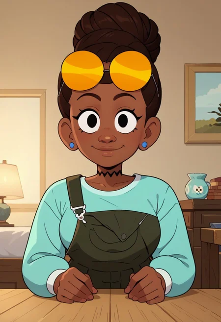 ((bedroom background)),score_9, score_8_up, score_7_up,score_6_up,
1girl, Solo, JasmineW_Cotc, brown skin, black eyes, dark brown hair, hairstyle in a high bun, yellow sunglasses on head, small blue earrings, black choker, long sleeve aquamarine shirt, nori seaweed green overalls, white sneakers with yellow details, big eyes, tall stature, social smile, perfect eyes, perfect smile, looking at the viewer, big breasts, detailed eyes, perfect eyes, cute, standing, (front view,bust shot,close up to face,face portrait:1)