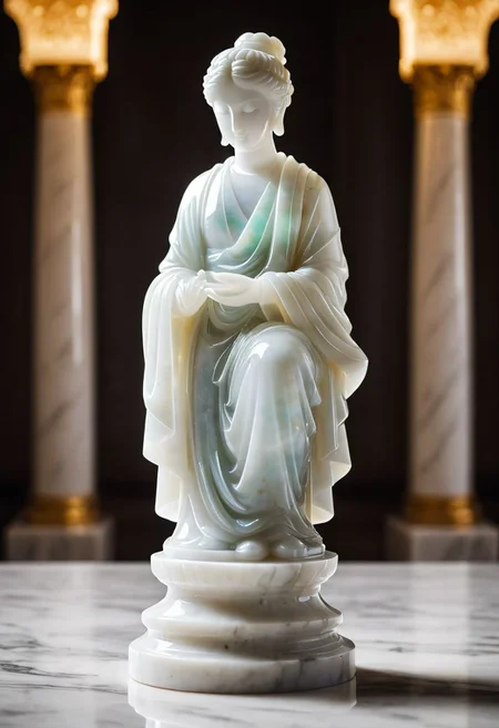 Fujifilm XT3, Sony A7 IV, (award winning photography) a (white: 0.89) marble simple stylized (figurine) made of opal (Kintsugi: 0.89) set on a pedestal in temple, glistening. in the background beautiful pillars, divine (iridescent: 0.79), opalescent textures, volumetric light, ethereal, sparkling, studio photo, highly detailed, sharp focus (highest quality: 1.39) (highest coherency: 1.39) (award winning photography), highly detailed photography, (muted colors, cinematic, dim colors, soothing tones:1.2), vibrant, insanely detailed, hyperdetailed, (dark shot:1.2), (vsco:0.3), (intricate details:0.9), (hdr, hyperdetailed:1.2) (vignette), sss, raw photo, fijifilm, kodak, cinematic film grain