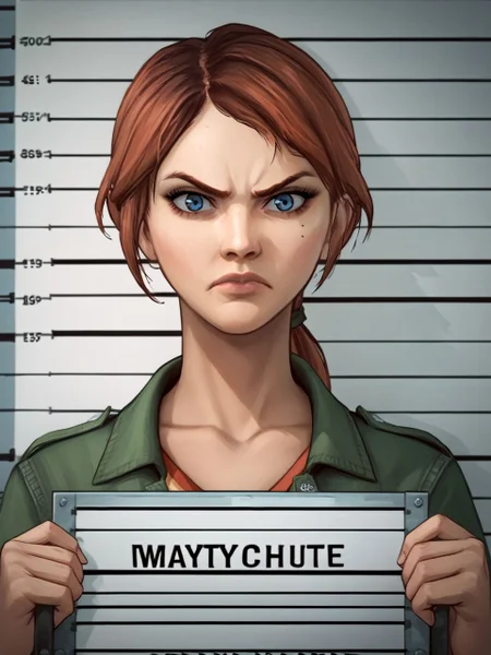 zpdxl3, facing viewer, looking at viewer, mugshot, holding sign, angry, closed mouth, <lora:staceyDR_PDXL 2:0.8> staceydr, low ponytail, blue eyes,