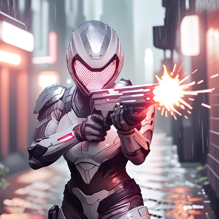 Score_9, score_8_up, score_7_up, score_6_up,BREAK <lora:2020s_Sci-Fi_MoviePony:1> ArsMovieStill, Movie still from a 2020s Sci-Fi movie, The image shows a man in a futuristic suit holding a gun in the rain with buildings on either side of him and lights illuminating the scene. The background is blurred suggesting the man is in motion., weapon, gun, solo, firing, 1girl, bodysuit, power armor, rain, holding, science fiction