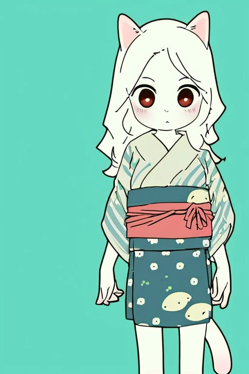 by yagi the goat,White cat girl,big eyes,long hair,Short stature,Skinny body,solo,Short stature,Skinny body,score_9,score_8_up,score_7_up,(cute expression, cute face:1.1),simple background,looking at viewer,blush,early teen,flat chest,<lora:Yagi_the_Goat_ai:1>,skirt,Cat tail,print_kimono,furisode,obi,sash,