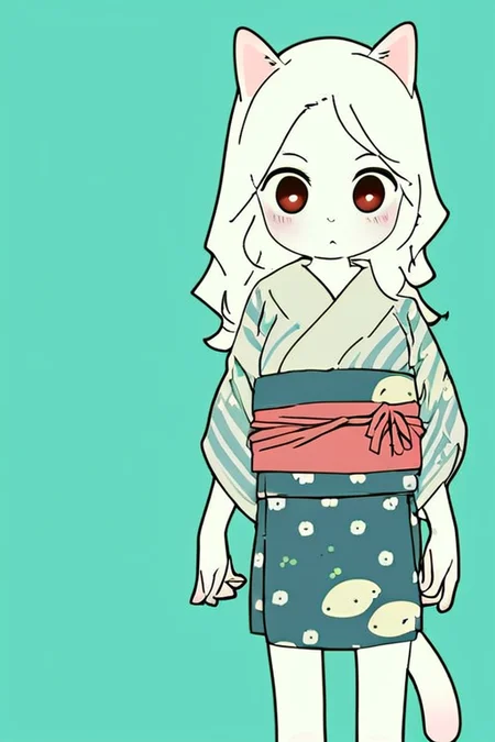 by yagi the goat,White cat girl,big eyes,long hair,Short stature,Skinny body,solo,Short stature,Skinny body,score_9,score_8_up,score_7_up,(cute expression, cute face:1.1),simple background,looking at viewer,blush,early teen,flat chest,<lora:Yagi_the_Goat_ai:1>,skirt,Cat tail,print_kimono,furisode,obi,sash,
