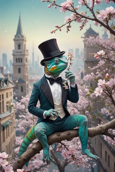 city, Chameleon, Mellifluous, Blossom, Doohickey, Wishful thinking, Peaceful[, bokeh:25][, sitting on tree branch:8 ][, magical Chameleon wearing top hat, and tuxedo :8]