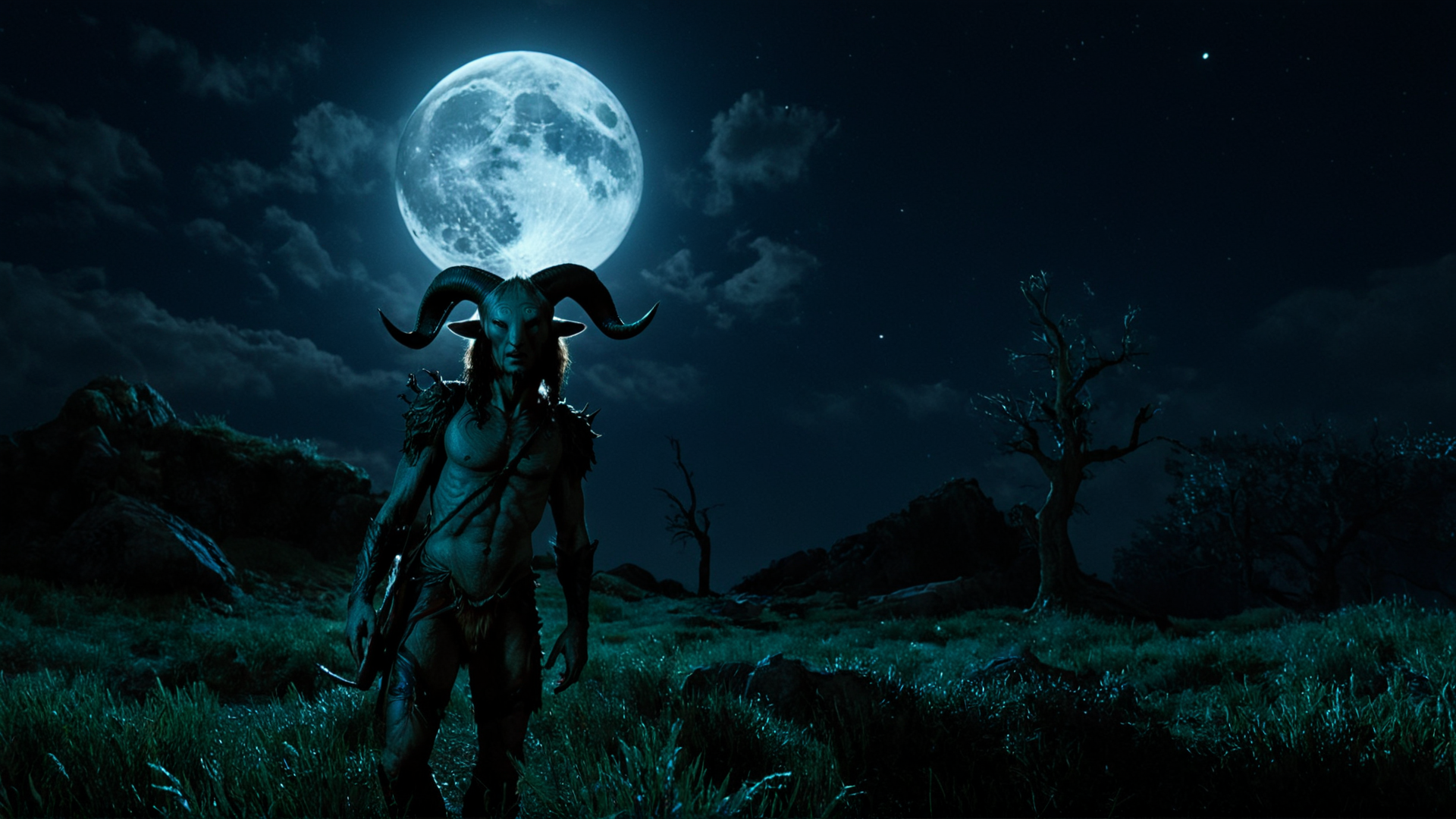 <lora:xl_more_art-full_v1:0.5>
<lora:perfection style:0.2> perfection style
 <lora:Unreal Engine style:0.3> Unreal Engine style
<lora:Chiaroscuro Lighting Style:0.3>
 <lora:facial expression style v2:0.3>
 <lora:cinematic color motion picture film style:0.3>
 <lora:Hollywood Anamorphic format film style:0.3>
 <lora:Pans Labyrinth style v2:0.8>
In a fantasy gothic Italian dim world Fauno mythological creature a creepy creature with a goat head on his back,solo,horns,no humans,night,colored skin,moon,grass,star (sky),night sky,full moon,blue theme,blue skin , horror movie themed, sharp, detailed, epic photography, artistic, dramatic light, cinematic style, film style, Pans Labyrinth style, goat