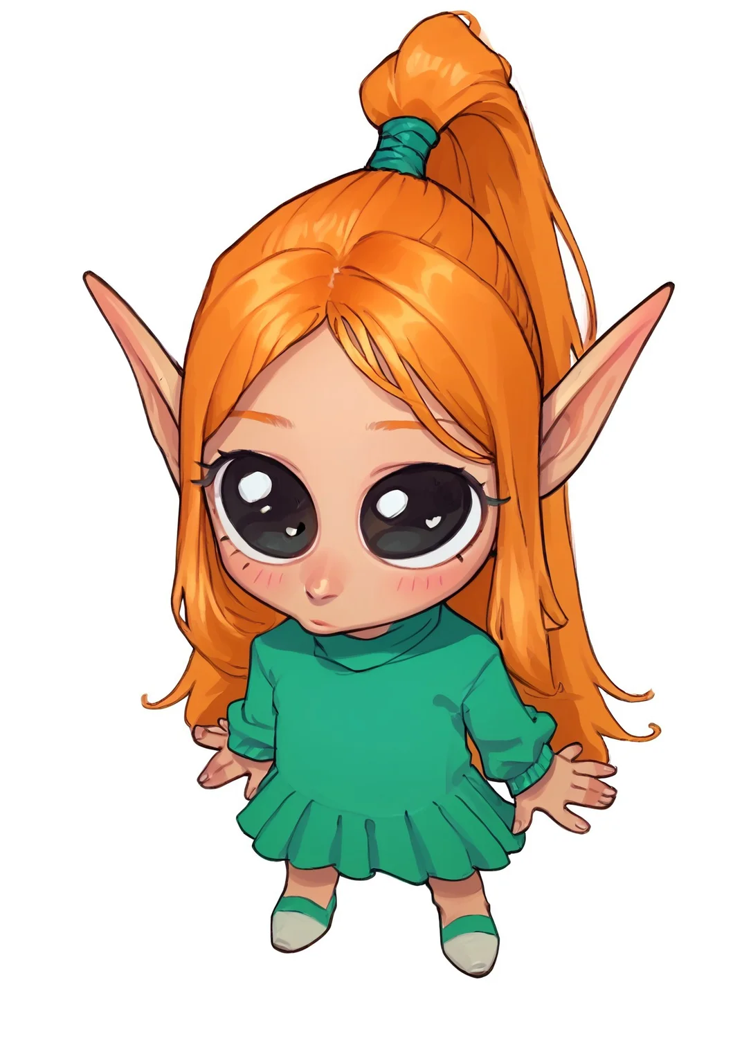 score_9, score_8_up, score_7_up, traditional art, 1 girl, solo, elf purist, elf, long pointy ears, orange hair, long hair, half updo, high ponytail, black eyes, green dress, long sleeves, turtleneck, bare legs, mikus-concept, full body, big eyes, chibi