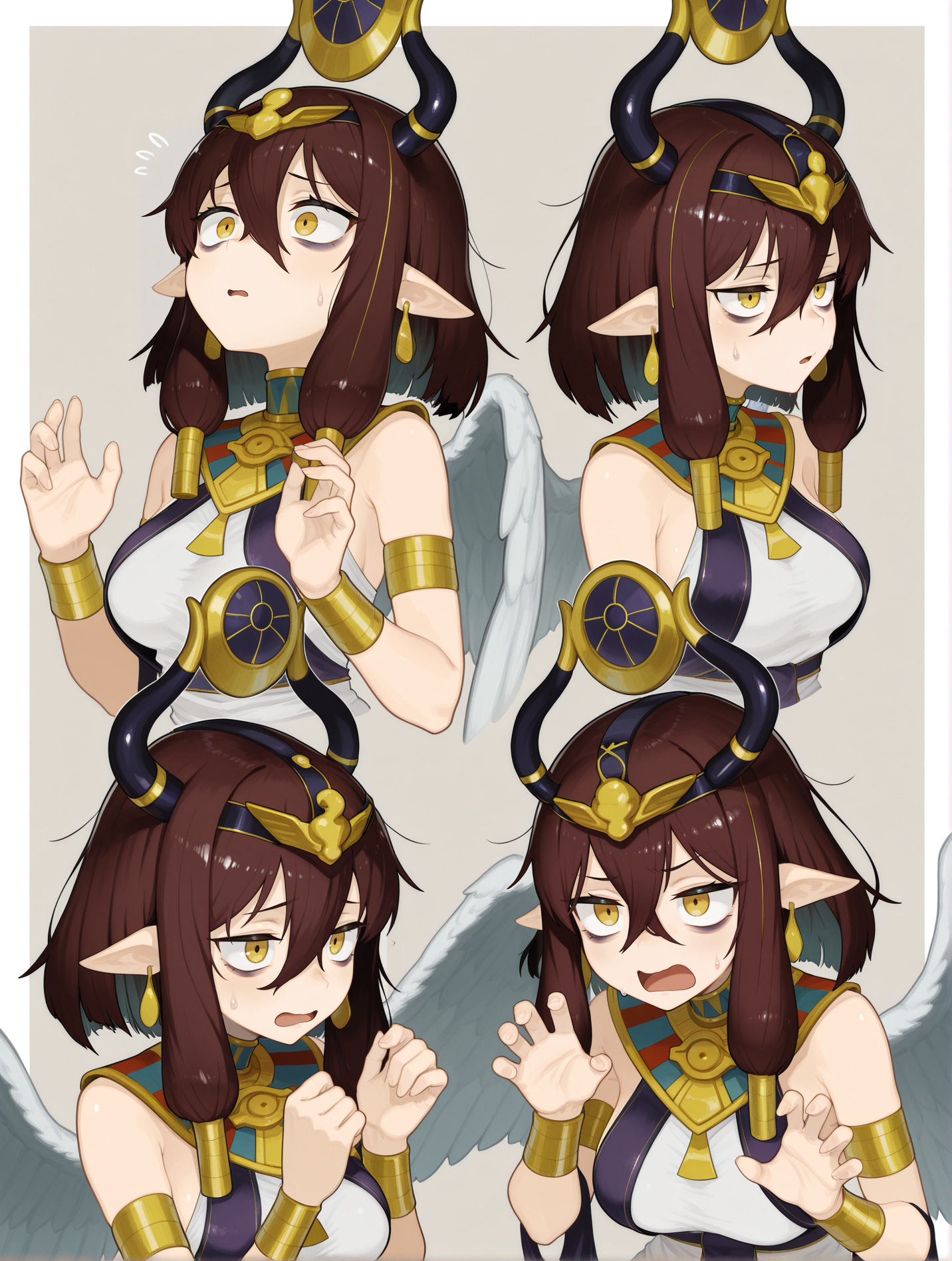 white feather wings, maiden of the millennium moon, 1girl, solo, open mouth, sweatdrop, gold earrings, sanpaku, hands up, upper body, d:, bags under eyes, gold armlet, gold bracelet, gold hair tubes, gold headdress, white egyptian dress, multiple views, white_border, 
masterpiece,best quality,amazing quality,very aesthetic,absurdres,newest,<lora:Maiden of the Moonlight & Millennium Moon illusXL v1.1:0.74>,