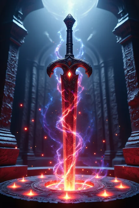 An upward, low-angle view from the ground focuses on a divine sword embedded in a stone altar. The sword's hilt and crossguard are intricately carved with delicate patterns, exuding craftsmanship and ancient elegance. Embedded in the swordâs hilt is a red, malevolent eye that glows ominously, contrasting sharply with the surrounding holy light. Along the blade, mystical runes glisten faintly, radiating an aura of immense power. The stone altar beneath is inscribed with glowing, mysterious symbols, casting a soft light across the scene.
Swirling bands of red and purple magical energy surround the sword, mixed with ancient sealing runes that bind the weaponâs potent, dark energy. The sinister red eye pulses in sync with the magical forces, adding an eerie sense of life. Behind the altar stands a towering monolithic rune-engraved stone slab, further accentuating the mystical and ritualistic atmosphere.
In the background, divine rays of holy light beam down from above, creating a radiant halo around the sword and altar, amplifying the sword's otherworldly and ominous glow. Particles of glowing dust float in the air, shimmering in the holy light. The entire scene is rendered in ultra-high detail, showcasing the smooth textures of the swordâs metal, the rugged stonework of the altar, and the glowing magical energy. Every element is highly contrasted and vibrant, blending holy and sinister energies, with meticulous attention to texture and lighting, creating a surreal, hyper-realistic atmosphere.
<lora:Aura_Flux:0.5>
<lora:Dever_Flux_Enhancer:0.5>
<lora:zavy-drkcnmtc-fxl:0.85> zavy-drkcnmtc
<lora:Fantasy_Weaponry_FLUX:0.85> demonic, crimson red effect, black crystal handle, misty red effect
