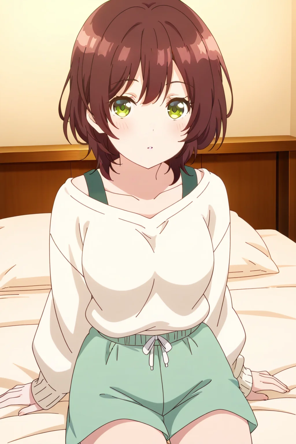 anime screenshot, hinami aoi, 1girl, solo, brown hair, short hair, green eyes, medium breasts, white sweater, long sleeves, off shoulder, green shorts, looking at viewer, sitting, cowboy shot, indoors, bed, on bed, masterpiece, best quality, high quality, highres, absurdres, <lora:hinami_aoi_ILXL:0.9>