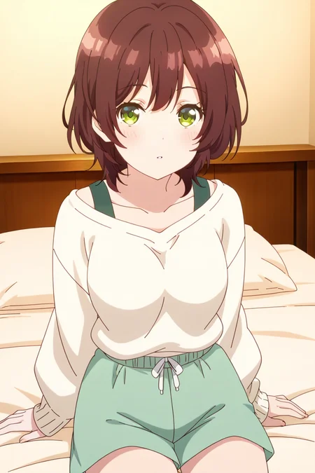 anime screenshot, hinami aoi, 1girl, solo, brown hair, short hair, green eyes, medium breasts, white sweater, long sleeves, off shoulder, green shorts, looking at viewer, sitting, cowboy shot, indoors, bed, on bed, masterpiece, best quality, high quality, highres, absurdres, <lora:hinami_aoi_ILXL:0.9>