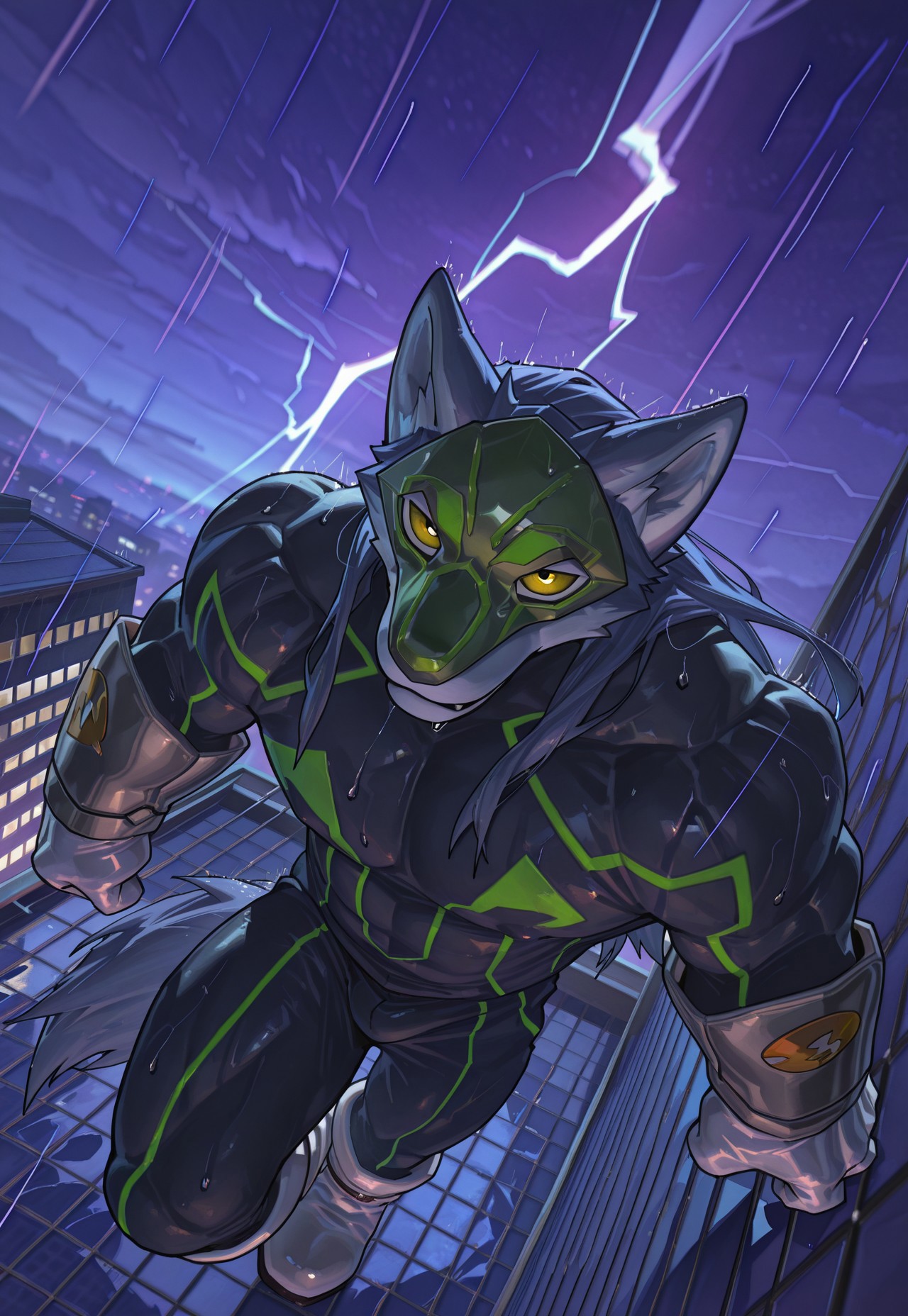 ra1ny, 1boy, crywolf, solo, muscular, wolf boy, yellow eyes, long hair, tail, green mask, bodysuit, gloves, boots, rooftop chase, gotham-like city, raining, motion blur, cinematic action, portrait shot, from above, facing left, dynamic angle, dutch angle, masterpiece, best quality, amazing quality, dark, night, lightning, contrast