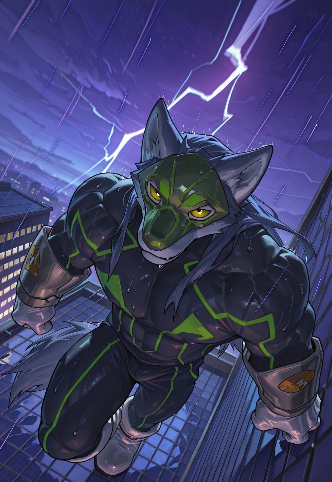 ra1ny, 1boy, crywolf, solo, muscular, wolf boy, yellow eyes, long hair, tail, green mask, bodysuit, gloves, boots, rooftop chase, gotham-like city, raining, motion blur, cinematic action, portrait shot, from above, facing left, dynamic angle, dutch angle, masterpiece, best quality, amazing quality, dark, night, lightning, contrast