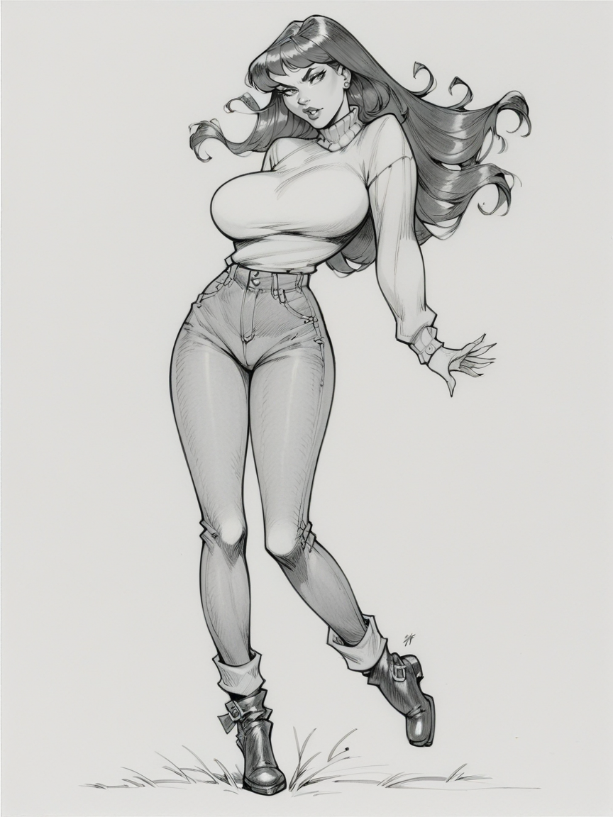 score_9, score_8_up, score_7_up, score_6_up, score_5_up,  <lora:juliuszXLP:0.8> juliusz, traditional media, monochrome, greyscale, large breasts, 1girl, long hair, full body, sweater, jeans, ankle boots,