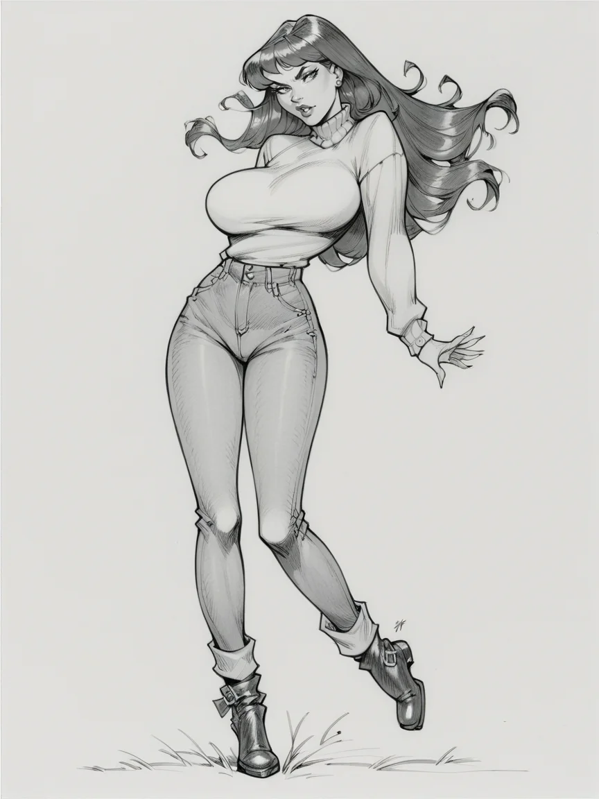 score_9, score_8_up, score_7_up, score_6_up, score_5_up,  <lora:juliuszXLP:0.8> juliusz, traditional media, monochrome, greyscale, large breasts, 1girl, long hair, full body, sweater, jeans, ankle boots,