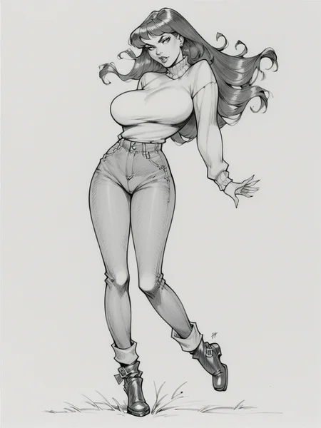 score_9, score_8_up, score_7_up, score_6_up, score_5_up, <lora:juliuszXLP:0.8> juliusz, traditional media, monochrome, greyscale, large breasts, 1girl, long hair, full body, sweater, jeans, ankle boots,