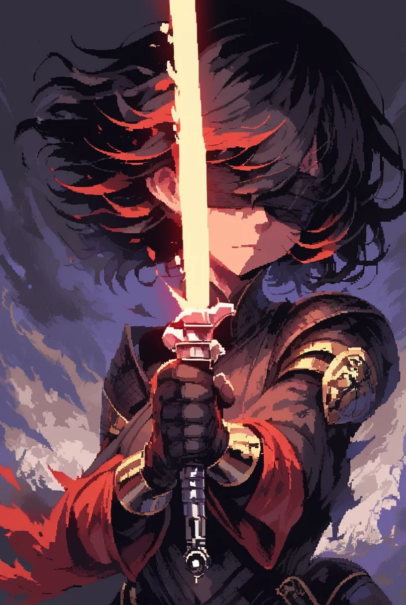 7-SWAnimated, 1girl, solo, short hair, black hair, gloves, holding, upper body, weapon, sword, holding weapon, holding sword, blindfold, energy sword, lightsaber
purple
[reflections, dark lighting, hyper realistic, 4k, hd, high fantasy, concept art, woof, pixel art]
<lora:Star Wars Animated v1.0:0.8>  <lora:d3p1x3lXLP:1>