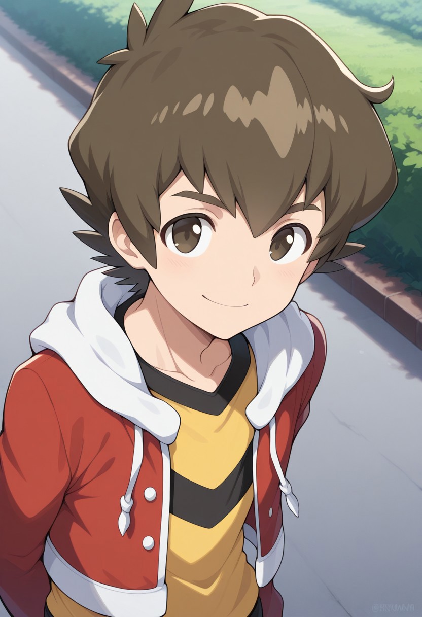 masterpiece,best quality,amazing quality, 
bayamano, 1boy, male focus, solo, brown eyes, brown hair, shirt, yellow shirt, jacket, red jacket, hood, smile, upper body, standing,
outdoor,