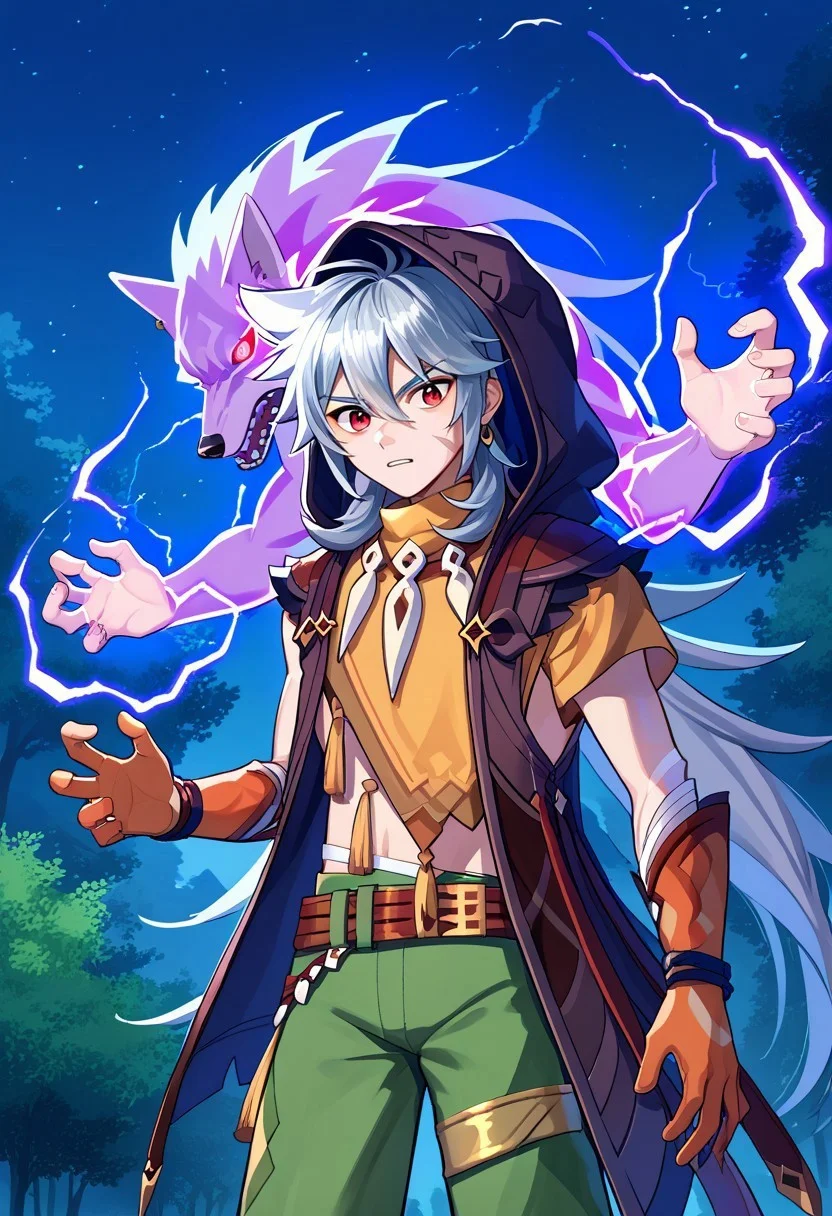score_9, score_7_up, source_anime,
boreas, 1boy, male focus, solo, red eyes, grey hair, long hair, very long hair, bangs, hair between eyes, jewelry, earrings, single earring, tooth necklace, scar, scar on face, jacket, sleeveless jacket, brown jacket, hood, hood up, tassel, orange shirt, short sleeves, midriff, bandages, gloves, orange gloves, belt, pants, green pants, wolf, wolf spirit, lupical, teeth,
outdoor, tree, wood, electricity, spell, electric spell, magic, dark, night, shadows,