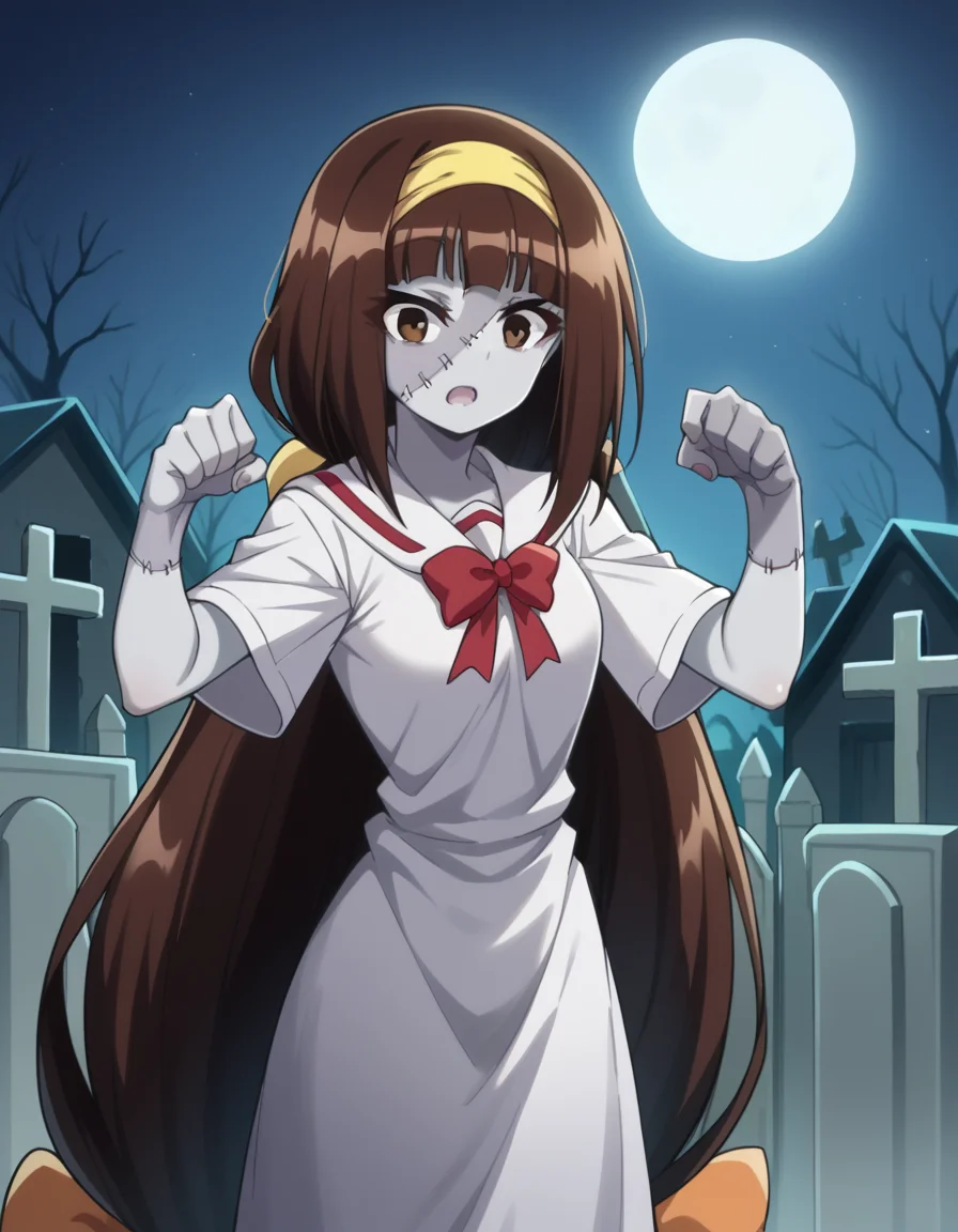 score_9, score_8_up, score_7_up, source_anime, <lora:najimi-ajimu-s2-ponyxl-lora-nochekaiser:1>, najimi ajimu, long hair, brown hair, bow, ribbon, brown eyes, very long hair, low-tied long hair, hair band, hair bow, yellow hairband, medium breasts,, <lora:zombie-ponyxl-lora-nochekaiser:1>, zombie, colored skin, stitches, grey skin, multicolored skin, stitched face, zombie pose, halloween, halloween costume,, night, moon, graveyard, tombstone, grave, open mouth, , dutch angle, cowboy shot