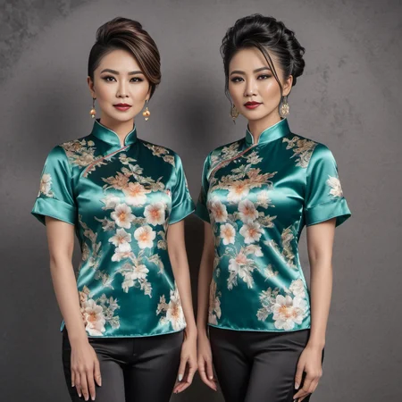 (full body shot) cute two asian middle aged women wearing a Chinese-inspired designs satin_teeshirt, Mohawk hair style, hyperdetailed photography,4k textures,intricate details,4k resolution action scene, ((dark cinematic still)) <lora:satin_teeshirt_v1:0.7>