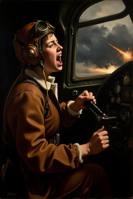 carava1 painting.
A female pilot screaming inside the cockpit of a World War II bomber. The pilot, wearing a vintage leather flight helmet with goggles and a bomber jacket, grips the controls with white-knuckled hands. Her face is contorted in a mix of fear and determination as she yells, her eyes wide with adrenaline. The cockpit is cramped and filled with old-fashioned dials and gauges, with the outside view showing dark stormy clouds and distant anti-aircraft fire <lora:carava1_cap_d6a3e11:1.0><lora:828421341104441422:0>