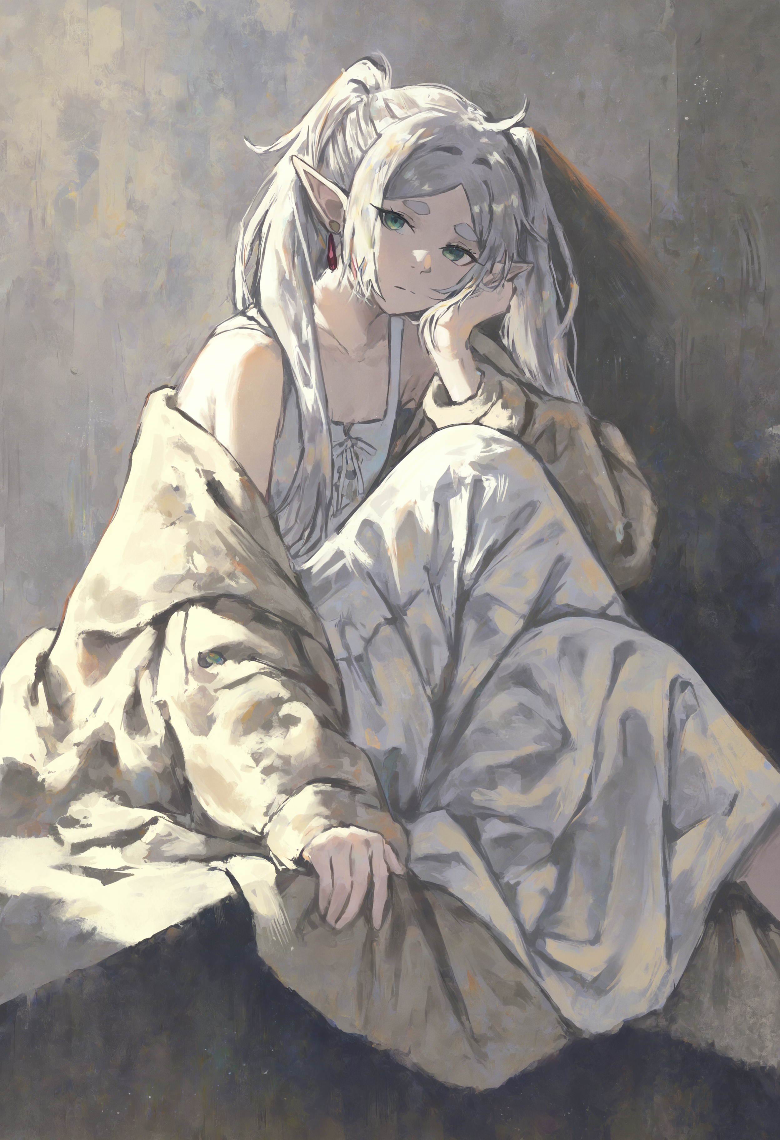 masterpiece, highres, absurdres, newest, very awa, painting (medium), wide shot, cinematic shot,  1girl, frieren, solo, pointy ears, jewelry, earrings, long hair, white hair, twintails, dress, white dress, bare shoulders, off shoulder, sitting, head rest, knee to chest, hand on own knee, straight-on, looking at viewer, neutral expression,  <lora:spo_sdxl_10ep_4k-data_lora_webui>,  <lora:NOOB_EPSv1_1_detailer_by_vlnvk_v1_0>, <lora:noobai_ep11_stabilizer_v0.30_fp16>, <lora:shiej007>