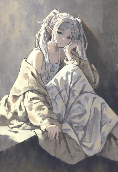 masterpiece, highres, absurdres, newest, very awa, painting (medium), wide shot, cinematic shot, 1girl, frieren, solo, pointy ears, jewelry, earrings, long hair, white hair, twintails, dress, white dress, bare shoulders, off shoulder, sitting, head rest, knee to chest, hand on own knee, straight-on, looking at viewer, neutral expression, <lora:spo_sdxl_10ep_4k-data_lora_webui>, <lora:NOOB_EPSv1_1_detailer_by_vlnvk_v1_0>, <lora:noobai_ep11_stabilizer_v0.30_fp16>, <lora:shiej007>
