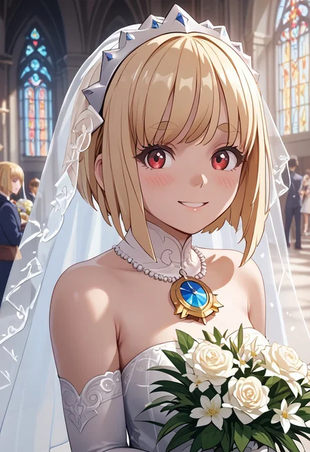 score_4,score_5,score_6,score_7_up,score_8_up,score_9 ((masterpiece,best quality,ultra detailed,highres,HD,4k:1.2)), 
1girl, solo,solo focus,girl focus,face focus,
Layla,blonde hair,bangs,short hair,bob cut,sidelocks,thick eyebrows,red eyes,petite,
wedding dress, wedding veil,bouquet,
wedding ceremony, church,
looking at viewer,happy,light smile,blush,