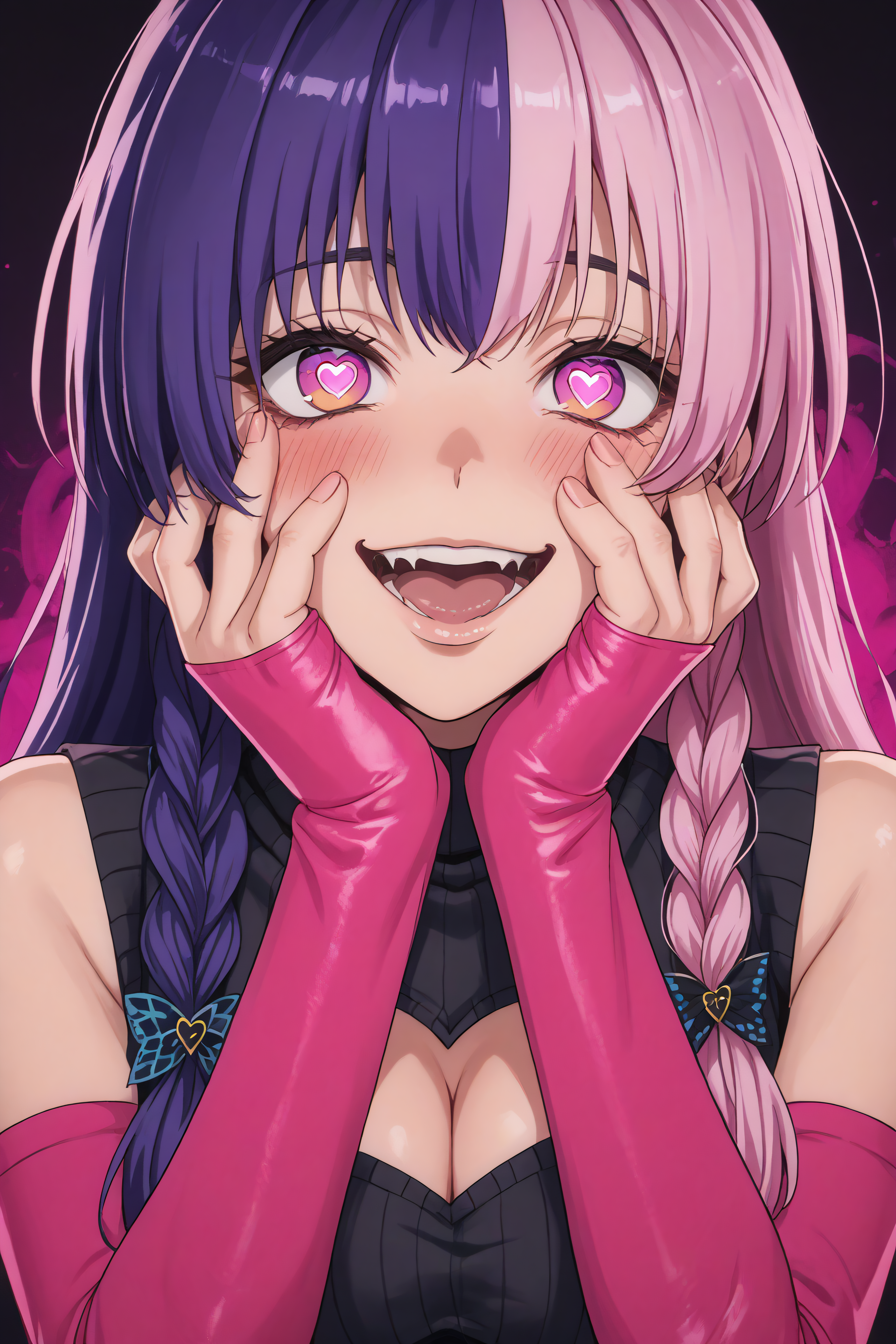score_9, score_8_up, score_7_up, score_6_up, source_anime, BREAK, <lora:Nagomi-PonyXL-lora-Faxtron:0.8> nagomi, purple hair, pink hair, multicolored hair, long hair, braid, cleavage cutout, black turtleneck, sleeveless, pink elbow gloves, pink plaid skirt, single thighhigh,  <lora:yandere-trance-ponyxl-lora-nochekaiser:1>, yandere trance, yandere, hands on own cheeks, hands on own face, crazy eyes, crazy smile, crazy, heart-shaped pupils, glowing eyes, symbol-shaped pupils, hand on own face, open mouth, glowing, blush, looking at viewer,,