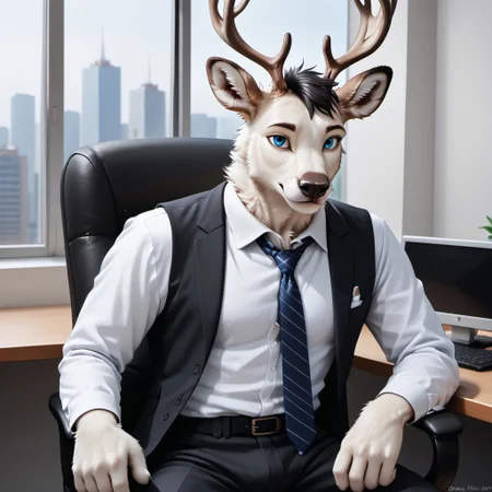 anthro, male raindeer, tufted fur, tufted ears, cheast tuft, fluffy tail, detailed fur, black hair, raindeer antlers, white fur, blue eyes, detailed face, manly male, office outfit, sitting in chair,