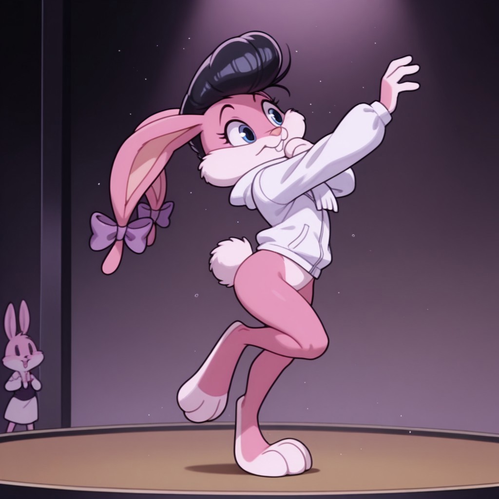 masterpiece, best quality, amazing quality, babsttail, anthro, female, rabbit, pink fur, blue eyes, white jacket, white scarf, black hair, pompadour, purple bows, dancing, on stage