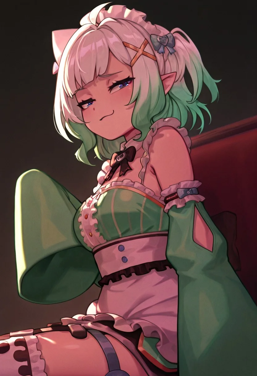 1girl, solo, mintfantome, detached sleeves, single tighhigh, smug, sitting, dark background, zenless