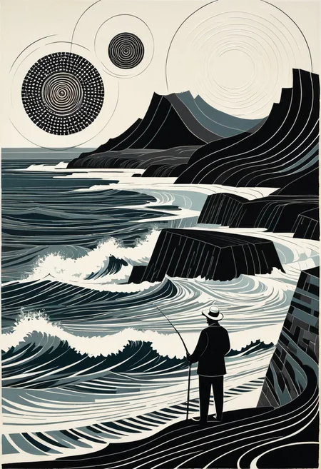 A fisherman standing on a rugged shore, his body realistically painted, but the waves behind him are swirling circles and abstract forms, structured graphic abstraction, narrative linocut aesthetic, geometric pattern play, mid-century illustration meets formalist precision, stylized architecture with abstract geometry, flattened perspective, optical tension, modernist printmaking, rhythmic line and form, monochrome and muted palettes, abstract spatial illusion, illustrative charm with non-objective depth, decorative modernism, visual balance of form and story, textural shape layering