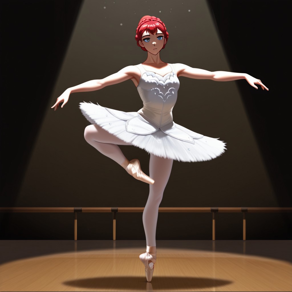 Cartoon, anime, freebo_pirouette, 1girl, solo, red hair, crown braid, blue eyes, masterpiece, source_anime, white tutu, bedazzled, ballet, ballerina, stage, spotlight, solo