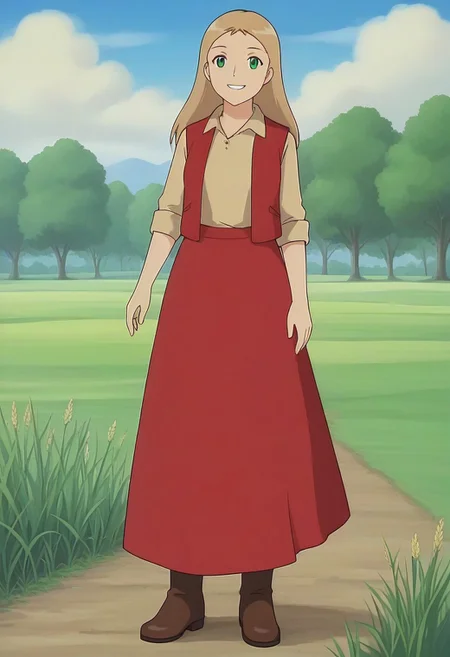1girl, solo, Perrine, light brown hair, long hair, green eyes, shirt, beige shirt, long skirt, skirt, red skirt, red vest, boots, smile, standing, meadow, front view,