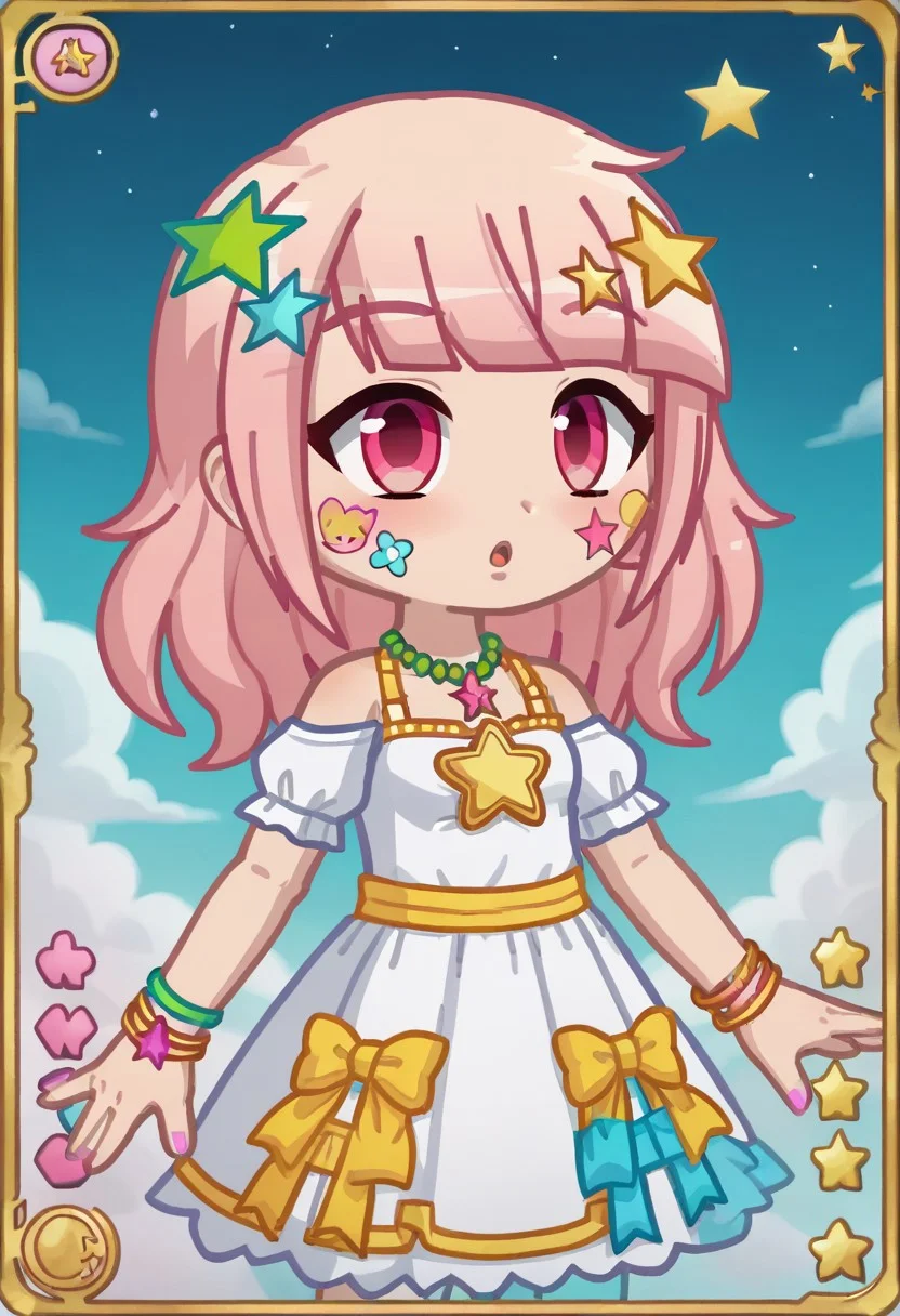 score_9, score_8_up, score_7_up, ARITSA, ARITSAGacha, Gacha, girl, pink hair, hair ornament, star hair ornament, star (symbol),shirt, pink eyes, stickers on cheeks, green necklace, bangs, colored , colored bracelet, a card, intricate detailed tarot card illustration, tarot card, tarot card "the word", card header, 1girl, goddess, white dress, floating in the sky, ((infinity symbol background)), infinity symbol, ouroboros symbol, cinematic lighting, dramatic shadows, vivid colors, rich color palette, surreal tarot card, mystical landscape, shimmering details, ornate patterns
Hide