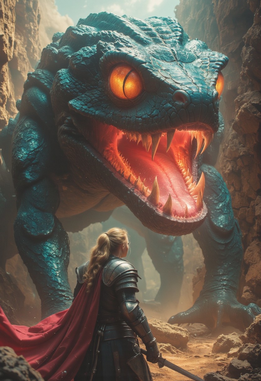 In a desolate canyon carved by centuries of conflict, the view stretches over the shoulder of a resolute knight, her battered armor gleaming faintly in the scattered light. Atmospheric lighting, bosstyle, cinematic POV,
Before her towers the Ruby Coil of Despair—a colossal, translucent frog boss whose sheer size dominates the canyon. Its translucent turquoise-black-pink skin glows faintly, like molten glass, with intricate fiery veins visible beneath its surface, pulsing ominously. The frogs gaping maw, lined with fangs as sharp as spears, stretches wide, venom dripping in slow, menacing rivulets that sizzle on the sun-scorched rock below.
The dawn sun backlights the beast, piercing through its translucent beige and turquoise body, creating breathtaking patterns of refracted light that ripple across the canyon walls. The frogs guttural roar vibrates the air, sending shards of glowing rock and shimmering blue particles cascading through the dust-filled atmosphere.
Volumetric beams of light frame the knight’s silhouette, her cape swaying in the trembling wind. Her sword is raised, catching the enemy's glow as she braces herself against the oncoming, otherworldly threat—an epic clash that will decide the fate of the canyon itself.