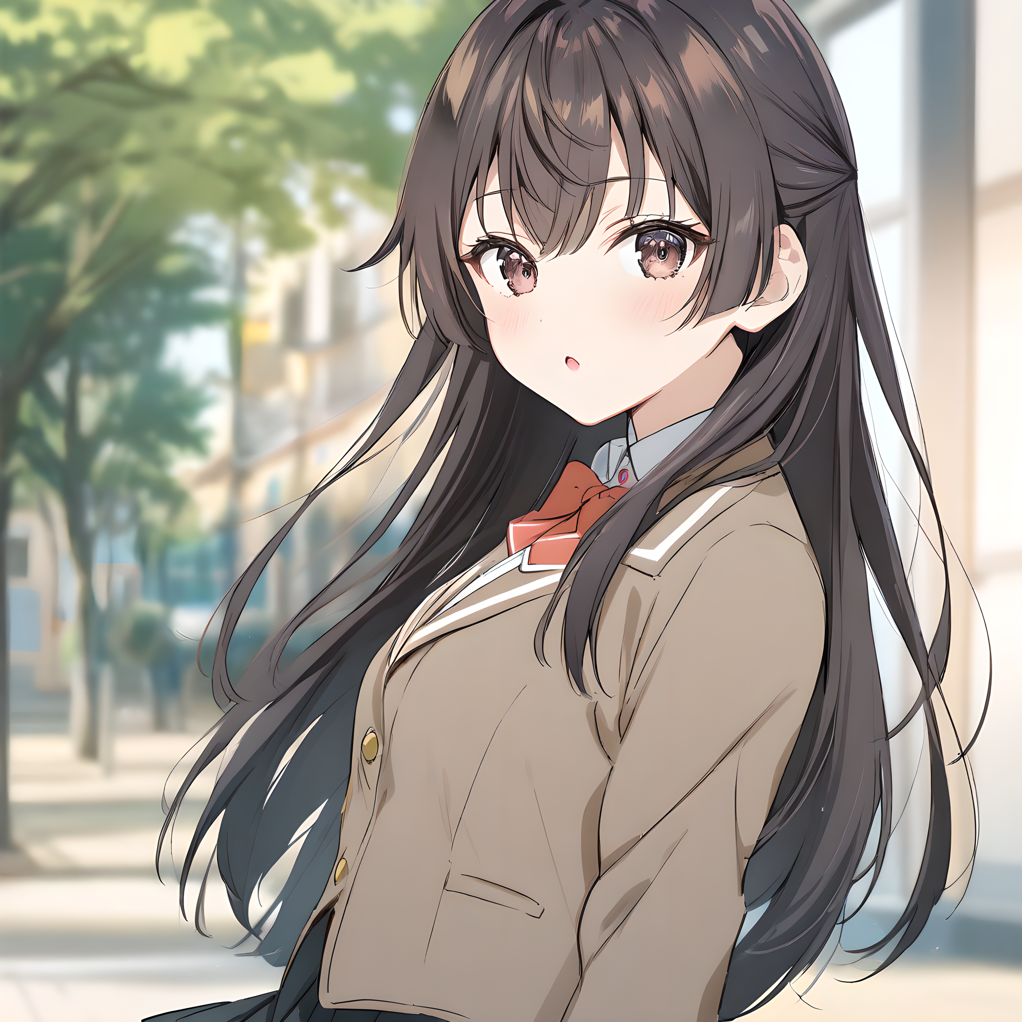 suou_yuki, brown hair, brown eyes, long hair, solo, 1girl, medium breasts, school uniform, skirt, jacket, :O, parted lips, looking at viewer, school background, <lora:XL-SuouYuki:1>