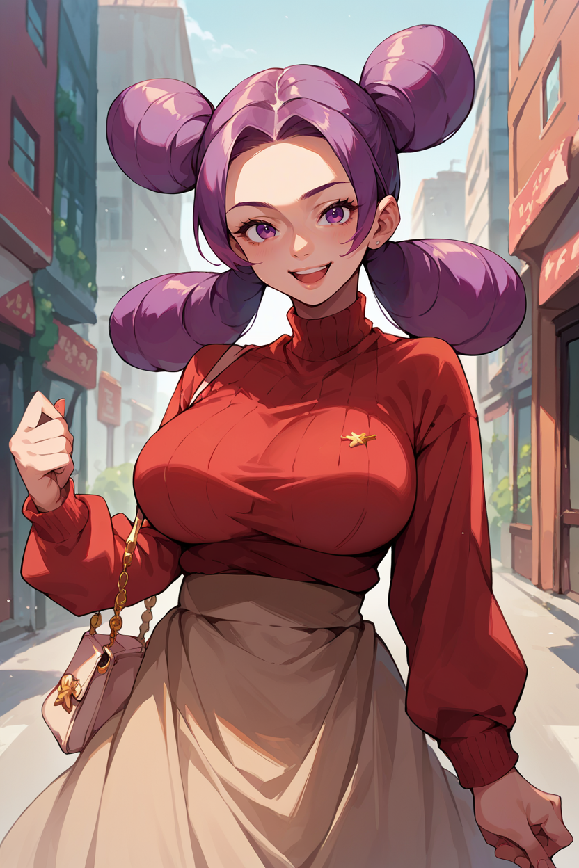 score_9, score_8_up, score_7_up, score_6_up, source_anime, 1girl, solo  <lora:pkmnfantina-pdxl-nvwls-v1-000006:1> fantina, purple hair, double bun, low twintails, large breasts, red sweater, long sleeves, beige skirt, holding handbag, city, looking at you, happy