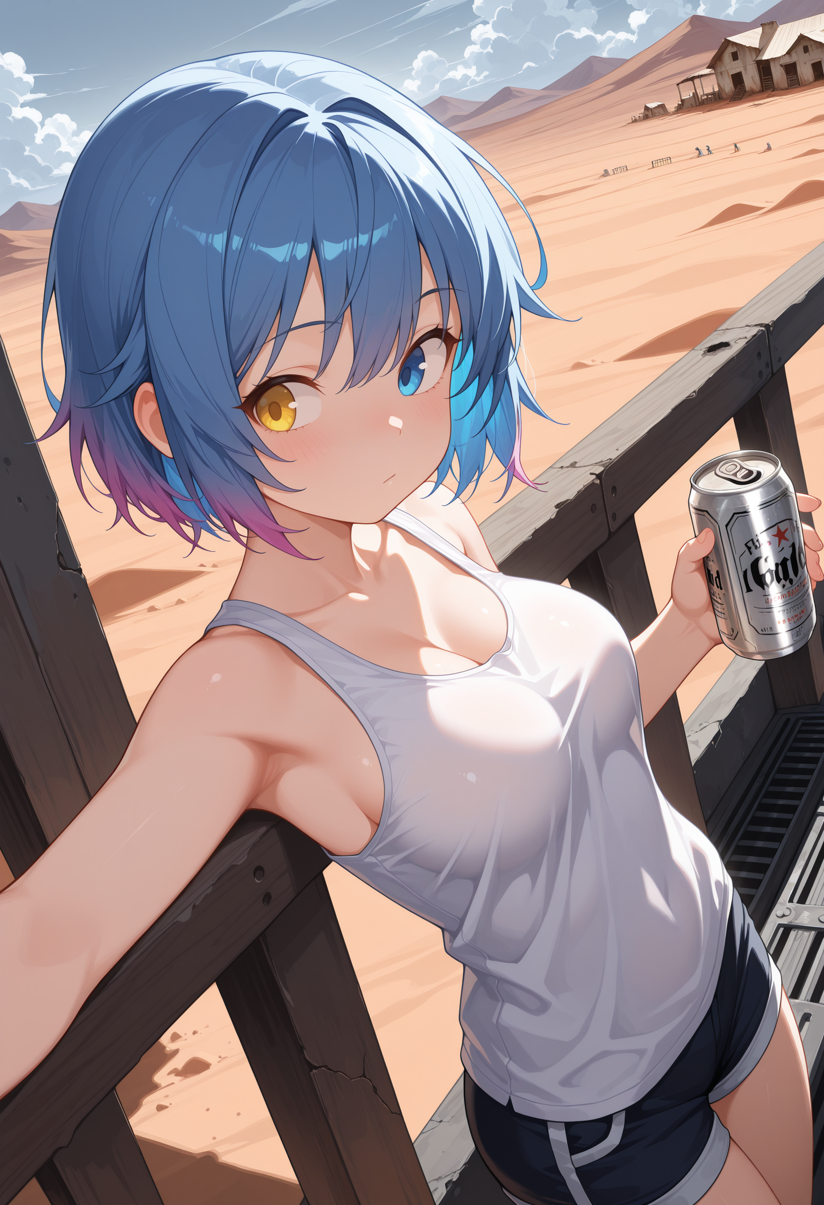 masterpiece, best quality, amazing quality,  <lora:[illuXL] SPP-1 (SomeSloppyBoi):0.9> 1girl, solo, SPP-1GFL, blue eye, heterochromia, yellow eye, short hair, blue hair, pink gradient hair, medium breasts, white tank top, short shorts, leaning back against railing, holding beer can, facing viewer, desert background, canyons, mountainous horizon, abandoned small houses, multiple dust clouds, looking to the side, daytime, cloudy sky, outstretched arm, shade from above, overhead shade, metal deck, solo focus,