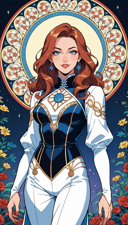 score_9, score_8_up, score_7_up, Western Comics, Cowboy Shot, girl, cute, seductive, innocent, light smile:0.3, plump lips, slender body, with long brown hair and red hair, in the style of dark sky-blue and light orange, intricate costumes, light gold and white, harmonious color palette, vibrant, art nouveau, depth of field, dynamic angle, fashion photography, sharp, hyperdetailed:1.15