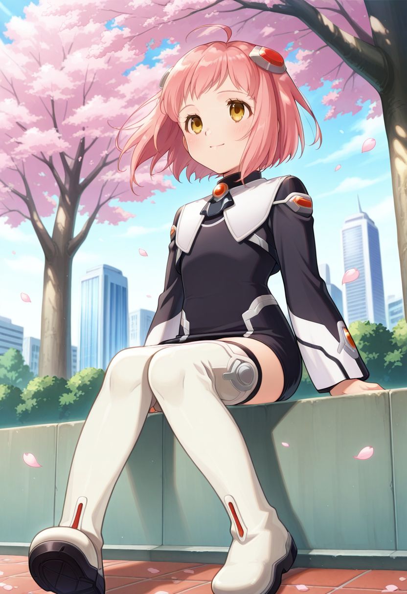 detailed eyes, beautiful, detailed background, perfect eyes,
source_anime, very aesthetic, anime coloring, masterpiece, official art,
<lora:HandFineTuning_XL:1>
BREAK,
park, cityscape, sakura tree, sakura petals, blurry background, floating hair, 
flat chest, blush, full body, dynamic angle,
sitting, light smile, looking away,
BREAK,
<lora:momo100Series_illustriousXL_v02:0.95>
x1momo, pink hair, short hair, hair ornament, ahoge, brown eyes, hair ornament, 
black dress, short dress, long sleeves, 
white thigh boots