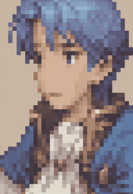 masterpiece, best quality, solo, 1boy, looking at viewer, <lora:FFT-Portraits-illus_Fp:1>, pixel art, portrait, simple background, <lora:Sigurd-illus_Fp:1>, sigurdfe4, blue eyes, blue hair, short hair, white coat, ascot, collar, armor, blue cape, long sleeves,