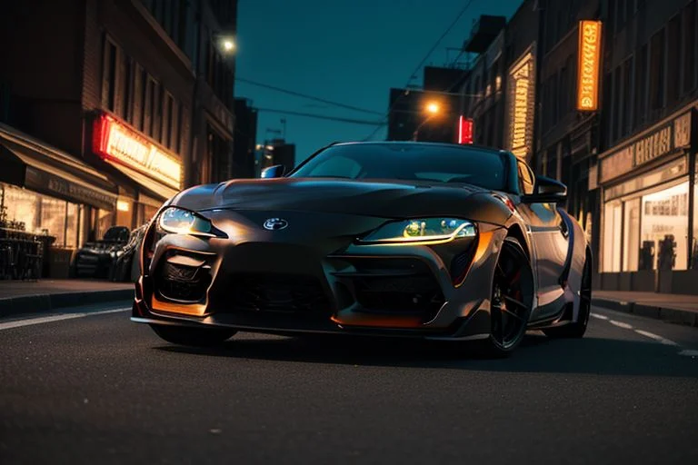 cars fantastic orange, [Toyota Supra Mk4], speed, intricate detail ,neon city background, city background, night, HD. Photograph , in table((realism)), extremely high quality RAW photograph, ultra detailed photograph, sharp focus, high resolution, (detailed skin:1,3),high quality, film grain, Fujifilm XT3,Highly Detailed, movie, (Cinematic Photo:1.3) of (Realistic:1.3)