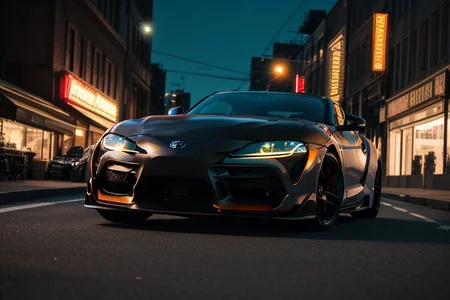 cars fantastic orange, [Toyota Supra Mk4], speed, intricate detail ,neon city background, city background, night, HD. Photograph , in table((realism)), extremely high quality RAW photograph, ultra detailed photograph, sharp focus, high resolution, (detailed skin:1,3),high quality, film grain, Fujifilm XT3,Highly Detailed, movie, (Cinematic Photo:1.3) of (Realistic:1.3)