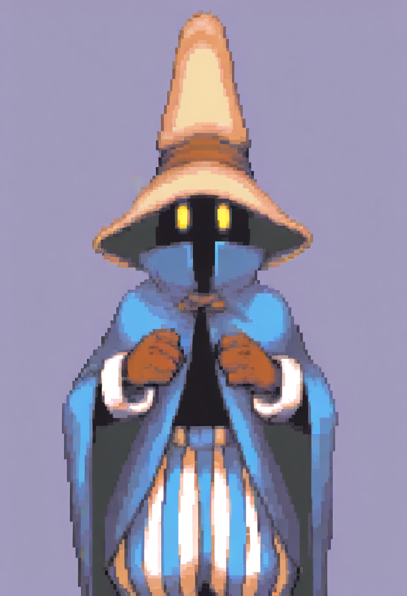 masterpiece, best quality, solo, looking at viewer, 1boy, <lora:Ace-Attorney-Portraits-illus_Fp:1>, portrait, upper body, pixel art, simple background, <lora:Ziggy-illus_Fp:1>, ziggy, yellow eyes, shaded face, faceless, no mouth, wizard hat, striped pants, cloak, robe, gloves, puffy pants,