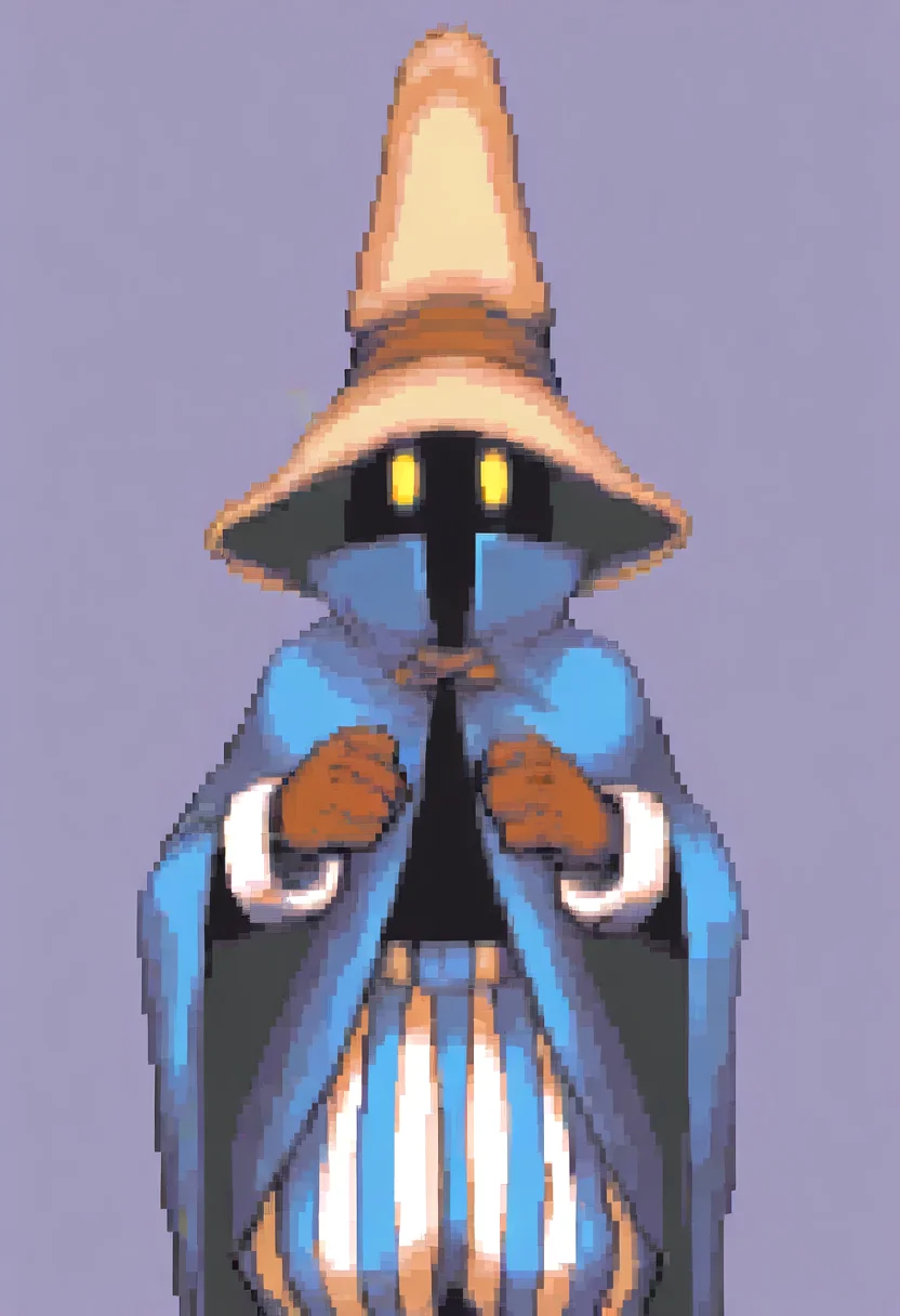 masterpiece, best quality, solo, looking at viewer, 1boy, <lora:Ace-Attorney-Portraits-illus_Fp:1>, portrait, upper body, pixel art, simple background, <lora:Ziggy-illus_Fp:1>, ziggy, yellow eyes, shaded face, faceless, no mouth, wizard hat, striped pants, cloak, robe, gloves, puffy pants,