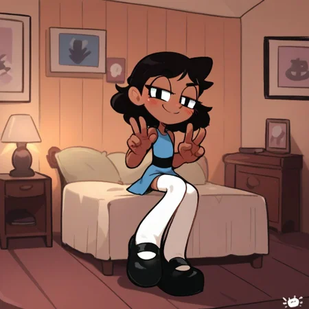 score_9, score_8_up, score_7_up, score_6_up, score_5_up, score_4_up, BREAK, source_anime, connie_maheswaran, indoors, black hair, small breasts, black footwear, white thighhighs, smile, smug, blush, blue top, sleeveless, blue miniskirt, peace sign, pantsless, powerpuff, dark-skinned female, 1girl, sitting, indoors, living room, on bed,