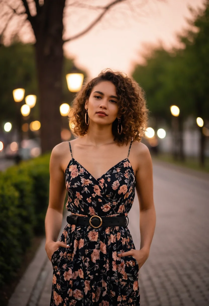 Midshot, woman, dusk setting, outdoor, floral dress, black belt, standing, bokeh background, street lights, tree-lined pathway, medium shot, contemplative expression, curly hair, natural makeup, hoop earrings, hand in pocket, warm color tone, blurred background, shallow depth of field, fashionable attire, young adult, dusk lighting