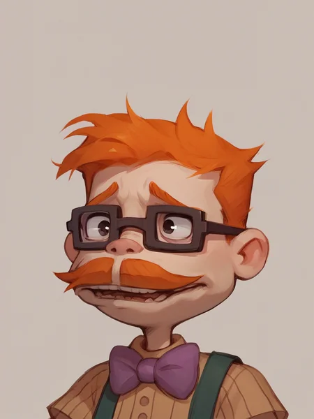 score_9, score_8_up, score_7_up, score_6_up, score_5_up, <lora:chasfinsterXLP:1> chas finster, 1boy, bowtie, glasses, mustache, orange hair,