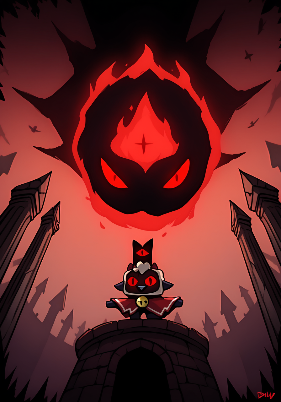 embedding:zPDXL3, cu1t art style, 2d, solo, monster, horror,  a horse, black skin, glowing red fire eyes, floating, looking up, outstretched_arms, red cultist symbol, dark crown, cult_of_the_lamb,   temple,    dark, dimly lit, silhouette, dramatic lighting, glowing, vibrant, detailed, 8k,   low angle, from_below